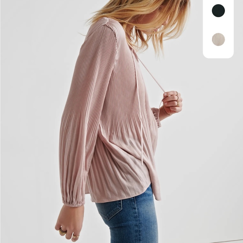 Lucky Brand Blouse Small Blush Pink Pleated Peasant Top Flowy Long Sleeves Ties - Picture 14 of 15